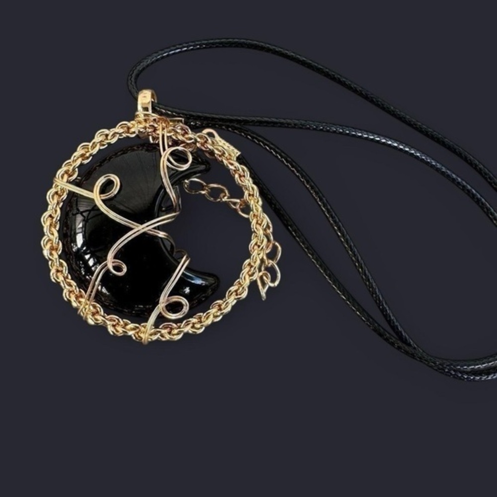 Black Agate Wire Wrapped Moon Pendant Necklace